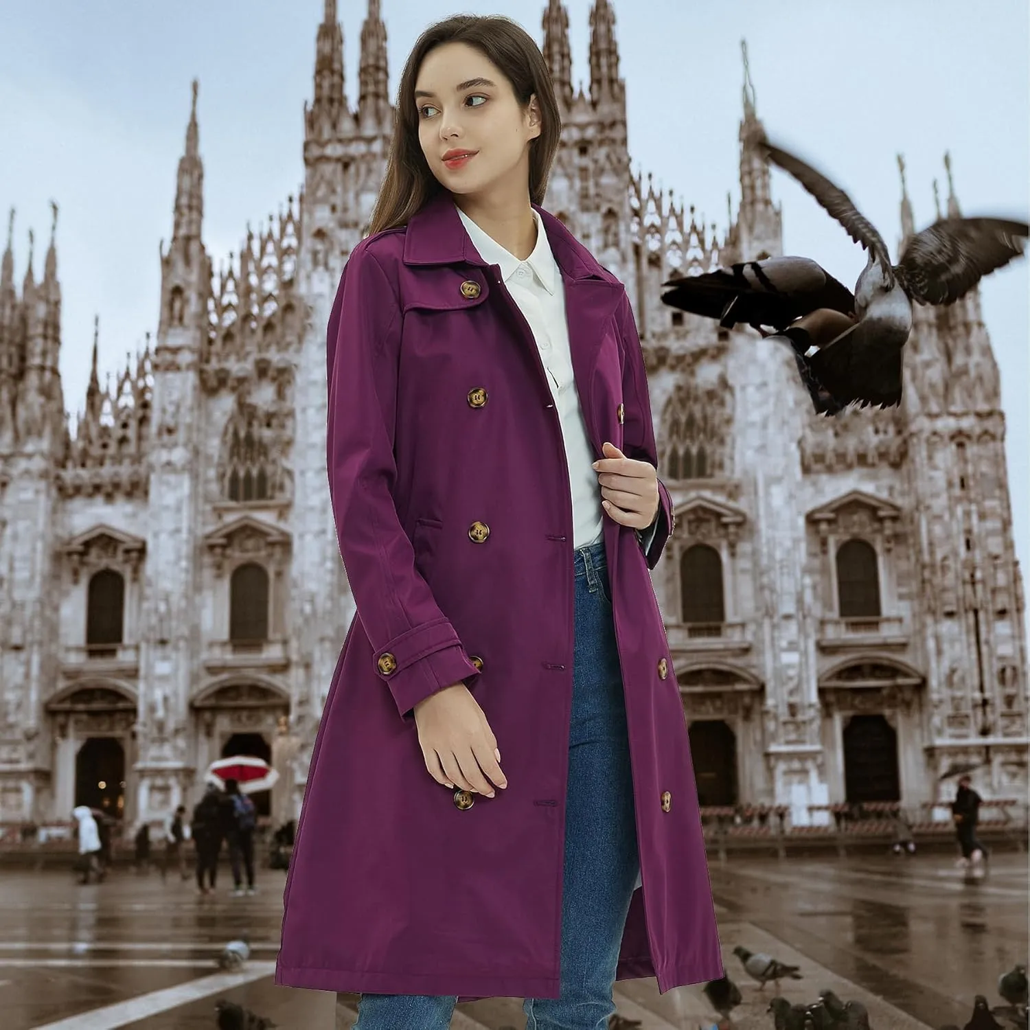 Womens Trench Coat Double-Breasted Long windbreak Belted Slim Outerwear Coat with Detachable Hood S-2XL