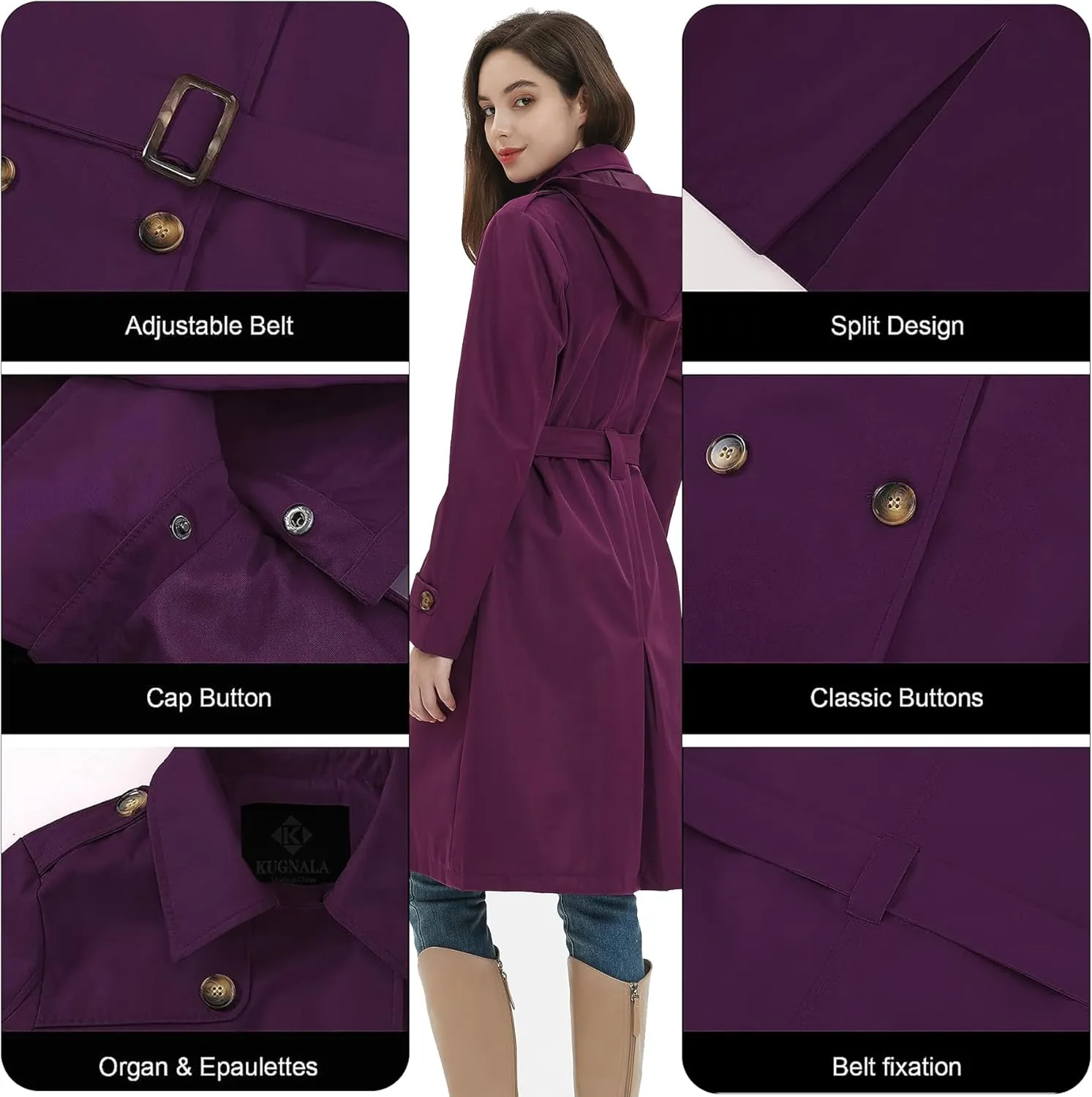 Womens Trench Coat Double-Breasted Long windbreak Belted Slim Outerwear Coat with Detachable Hood S-2XL