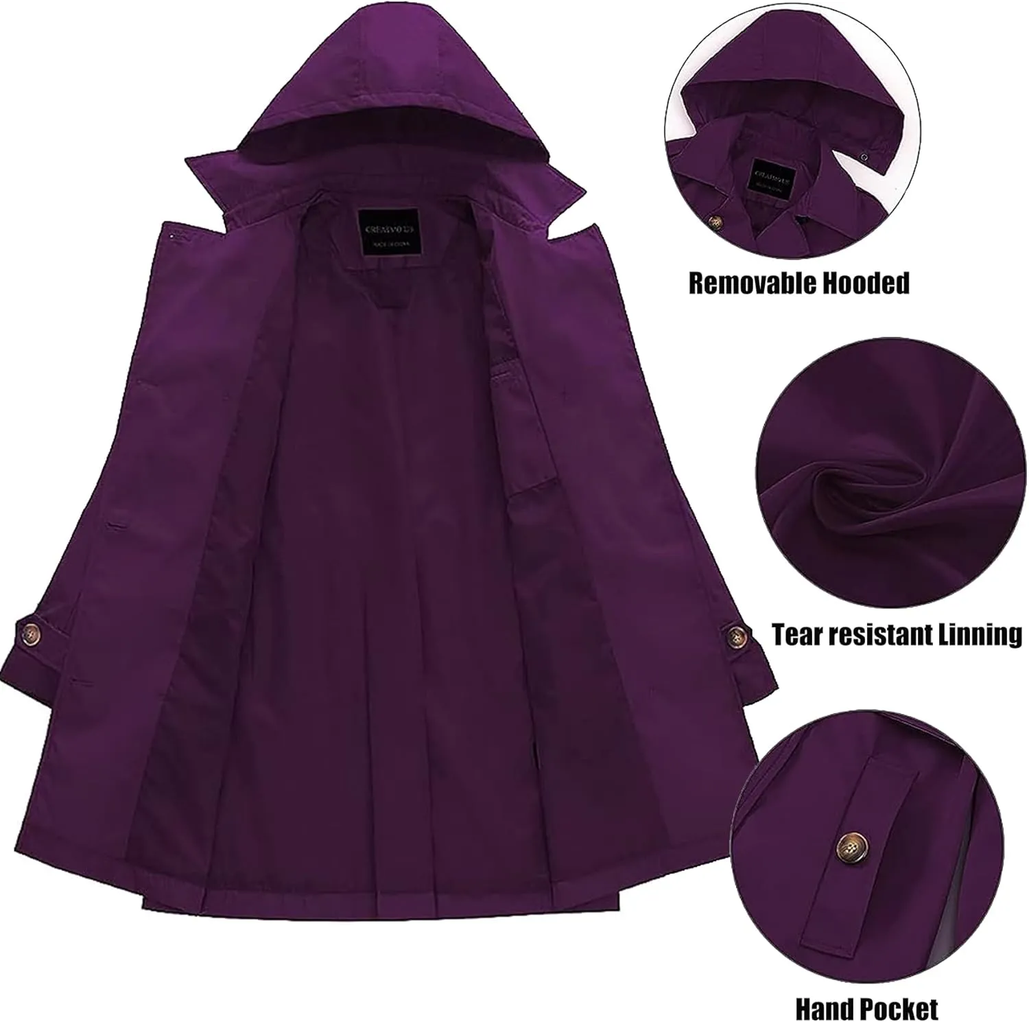 Womens Trench Coat Double-Breasted Long windbreak Belted Slim Outerwear Coat with Detachable Hood S-2XL