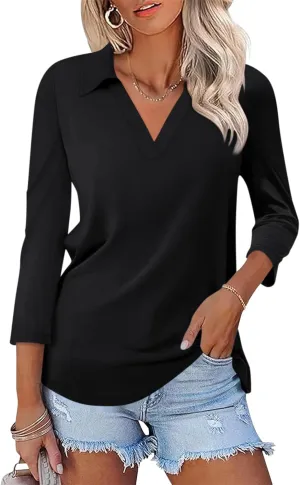 Womens V Neck Polo Shirts 3/4 Sleeve Collared Tops Business Casual Summer Tops Trendy Loose
