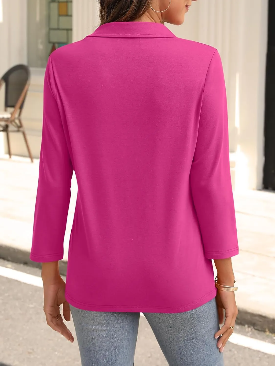Womens V Neck Polo Shirts 3/4 Sleeve Collared Tops Business Casual Summer Tops Trendy Loose