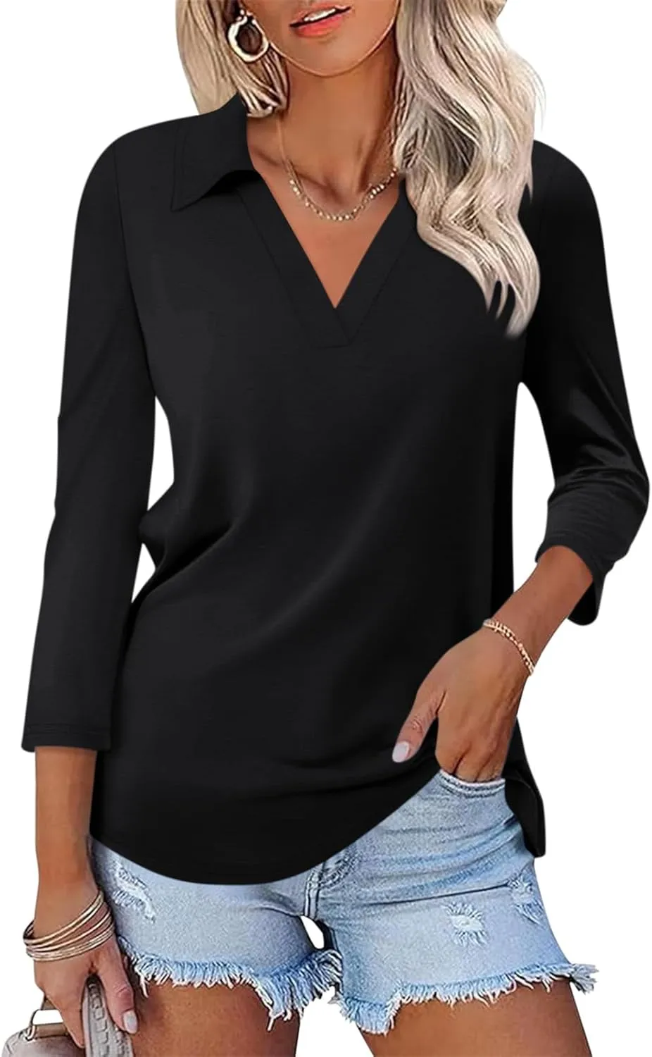 Womens V Neck Polo Shirts 3/4 Sleeve Collared Tops Business Casual Summer Tops Trendy Loose