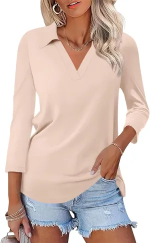 Womens V Neck Polo Shirts 3/4 Sleeve Collared Tops Business Casual Summer Tops Trendy Loose
