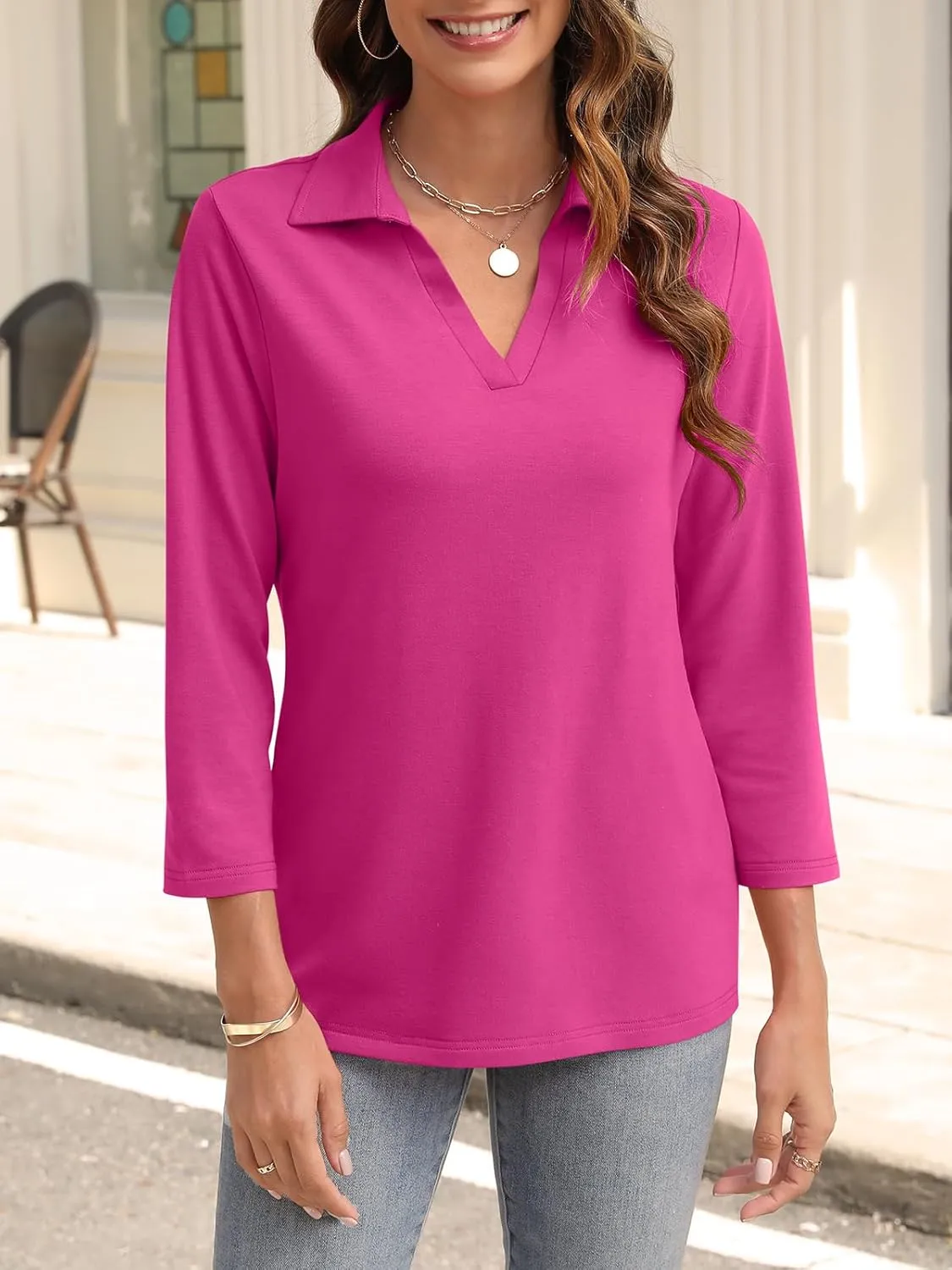 Womens V Neck Polo Shirts 3/4 Sleeve Collared Tops Business Casual Summer Tops Trendy Loose