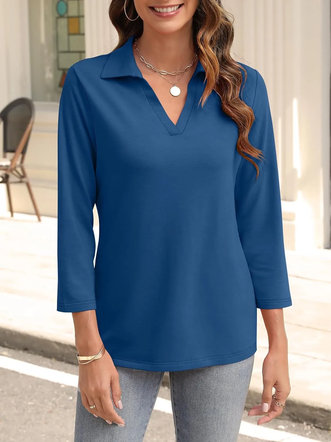 Womens V Neck Polo Shirts 3/4 Sleeve Collared Tops Business Casual Summer Tops Trendy Loose