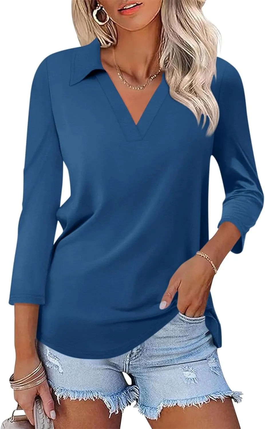 Womens V Neck Polo Shirts 3/4 Sleeve Collared Tops Business Casual Summer Tops Trendy Loose