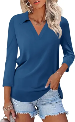 Womens V Neck Polo Shirts 3/4 Sleeve Collared Tops Business Casual Summer Tops Trendy Loose