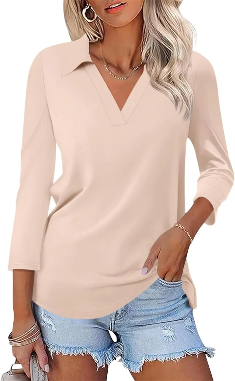 Womens V Neck Polo Shirts 3/4 Sleeve Collared Tops Business Casual Summer Tops Trendy Loose
