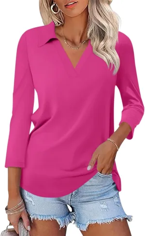 Womens V Neck Polo Shirts 3/4 Sleeve Collared Tops Business Casual Summer Tops Trendy Loose