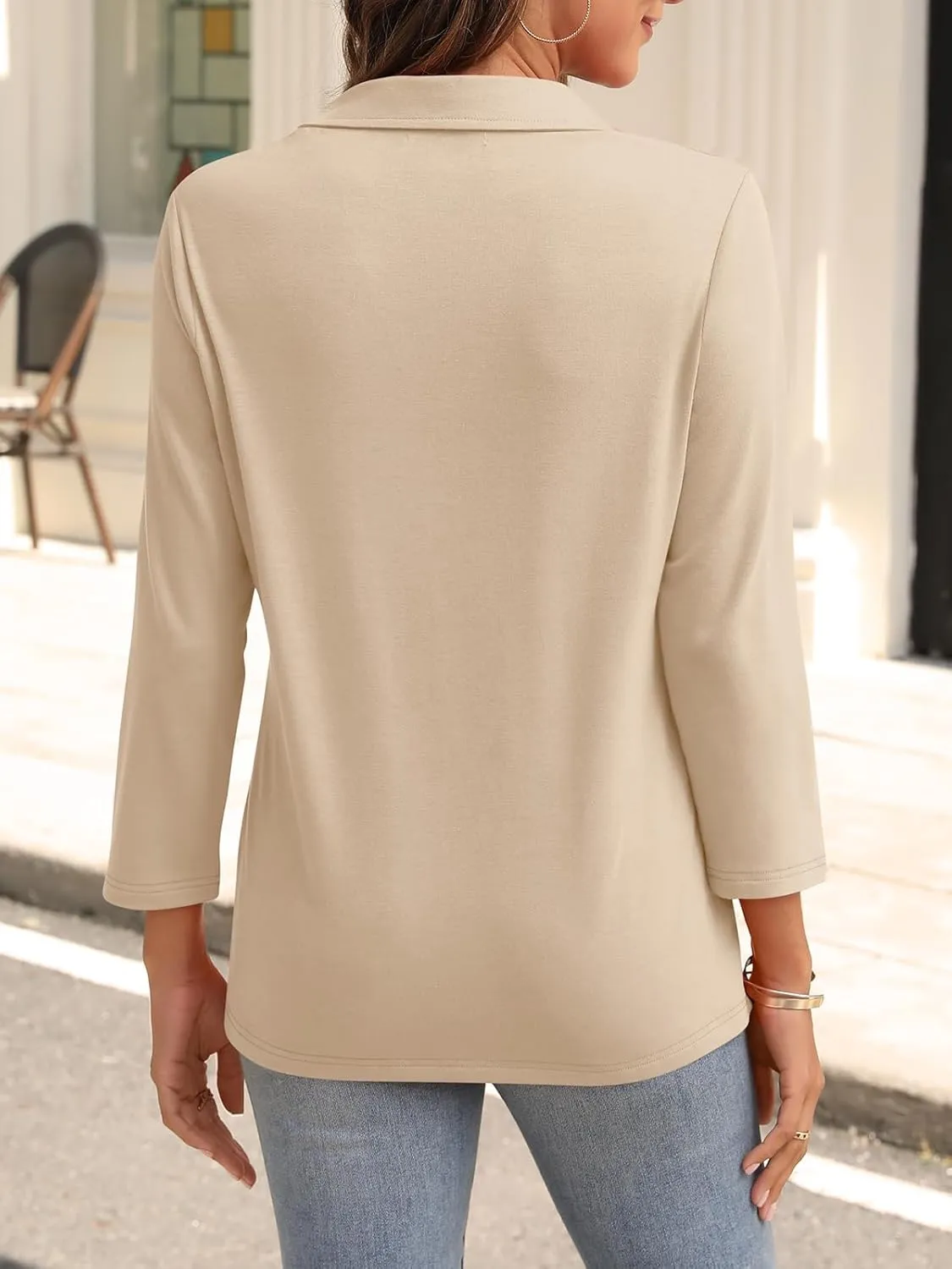 Womens V Neck Polo Shirts 3/4 Sleeve Collared Tops Business Casual Summer Tops Trendy Loose