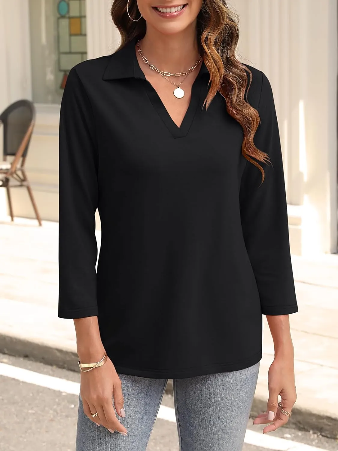 Womens V Neck Polo Shirts 3/4 Sleeve Collared Tops Business Casual Summer Tops Trendy Loose