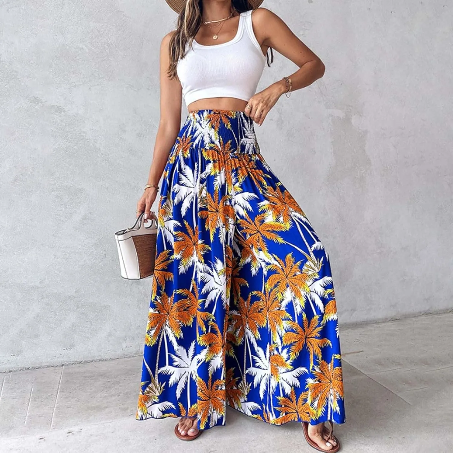 Women's Vintage Floral High Waist Wide Leg Pants Casual Loose Fit Trousers Womens Dress Leggings Pants