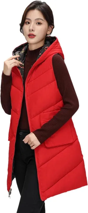 Womens Winter Down Cotton Vest Coat Long Hooded Cotton-Padded Waistcoat Sleeveless Reversible Padded Puffer Jackets