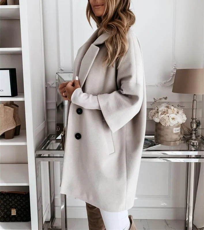 Women's Wool Mid Length Pea Coat 3/4 Sleeve Business Wool Blend Trench Coat Fall Casual Wool Open Front Outwear