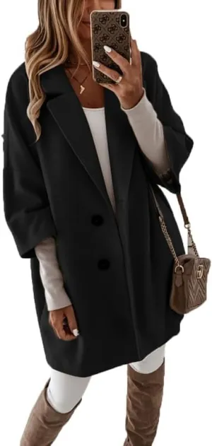 Women's Wool Mid Length Pea Coat 3/4 Sleeve Business Wool Blend Trench Coat Fall Casual Wool Open Front Outwear