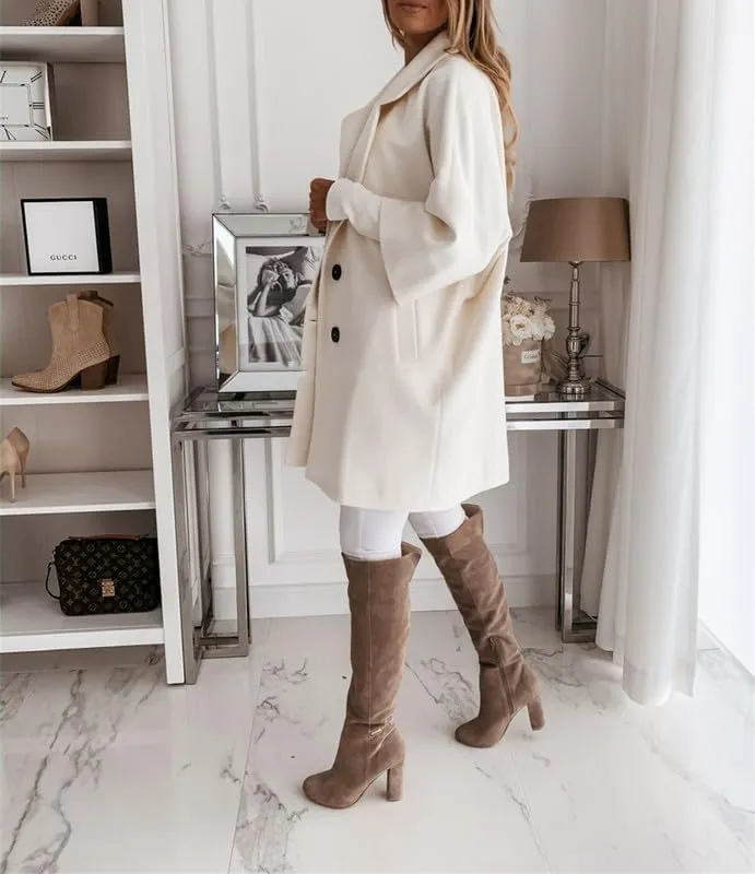 Women's Wool Mid Length Pea Coat 3/4 Sleeve Business Wool Blend Trench Coat Fall Casual Wool Open Front Outwear