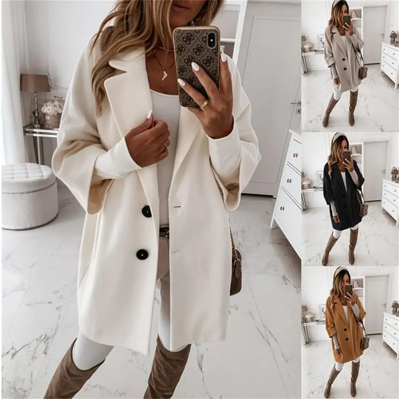 Women's Wool Mid Length Pea Coat 3/4 Sleeve Business Wool Blend Trench Coat Fall Casual Wool Open Front Outwear