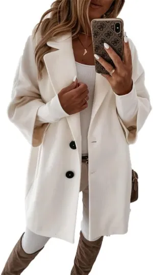 Women's Wool Mid Length Pea Coat 3/4 Sleeve Business Wool Blend Trench Coat Fall Casual Wool Open Front Outwear