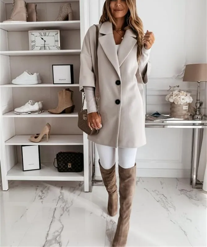 Women's Wool Mid Length Pea Coat 3/4 Sleeve Business Wool Blend Trench Coat Fall Casual Wool Open Front Outwear