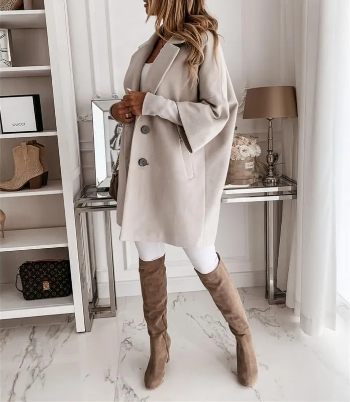 Women's Wool Mid Length Pea Coat 3/4 Sleeve Business Wool Blend Trench Coat Fall Casual Wool Open Front Outwear