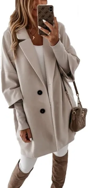 Women's Wool Mid Length Pea Coat 3/4 Sleeve Business Wool Blend Trench Coat Fall Casual Wool Open Front Outwear