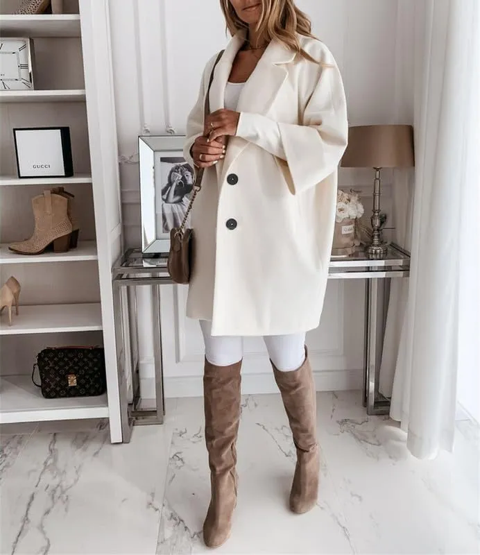 Women's Wool Mid Length Pea Coat 3/4 Sleeve Business Wool Blend Trench Coat Fall Casual Wool Open Front Outwear