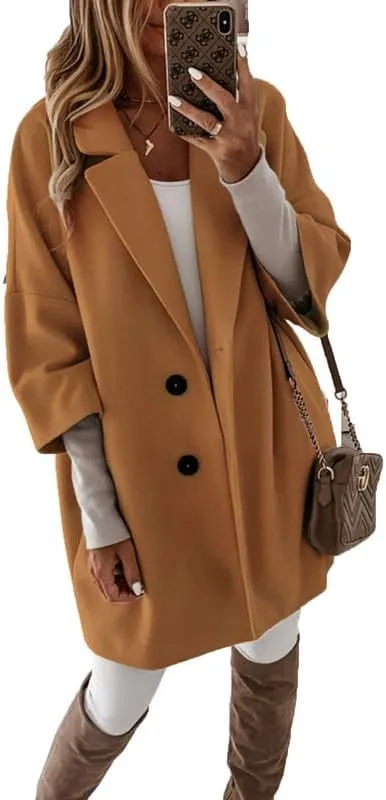 Women's Wool Mid Length Pea Coat 3/4 Sleeve Business Wool Blend Trench Coat Fall Casual Wool Open Front Outwear