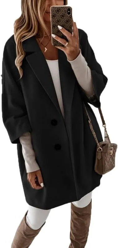 Women's Wool Mid Length Pea Coat 3/4 Sleeve Business Wool Blend Trench Coat Fall Casual Wool Open Front Outwear