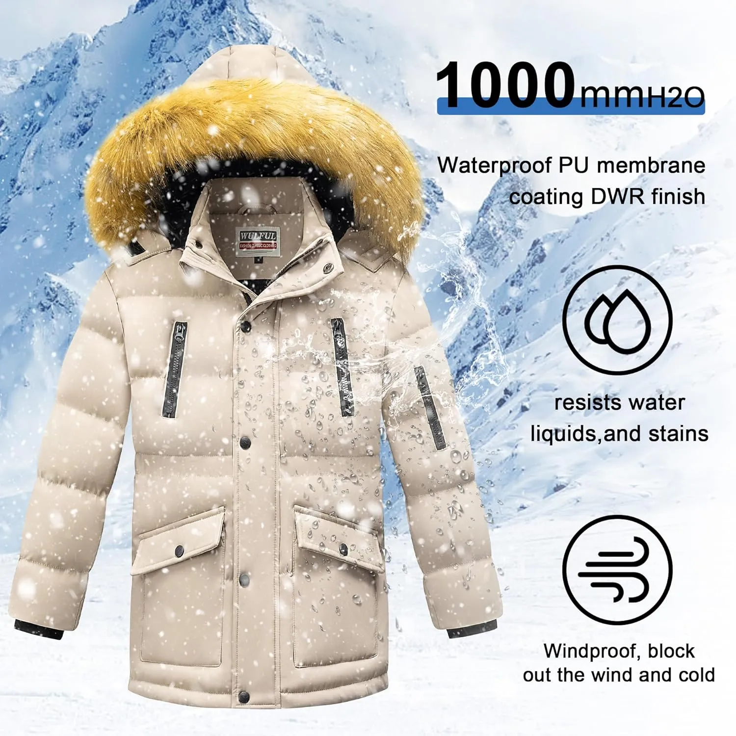 WULFUL Boy's Winter Coat Waterproof Fleece Lined Parka Jackets Kids Hooded Puffer Outerwear