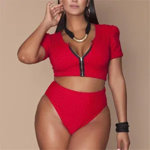 XL-4XL Plus Size Bikini Set Pad Zipper Front Swimsuit