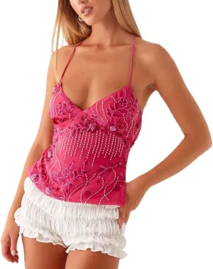 Y2k Summer Sequin Tank Tops for Women Sexy Sparkle V Neck Shirt Backless Halter Low Cut Straps Trendy Going Out Tops