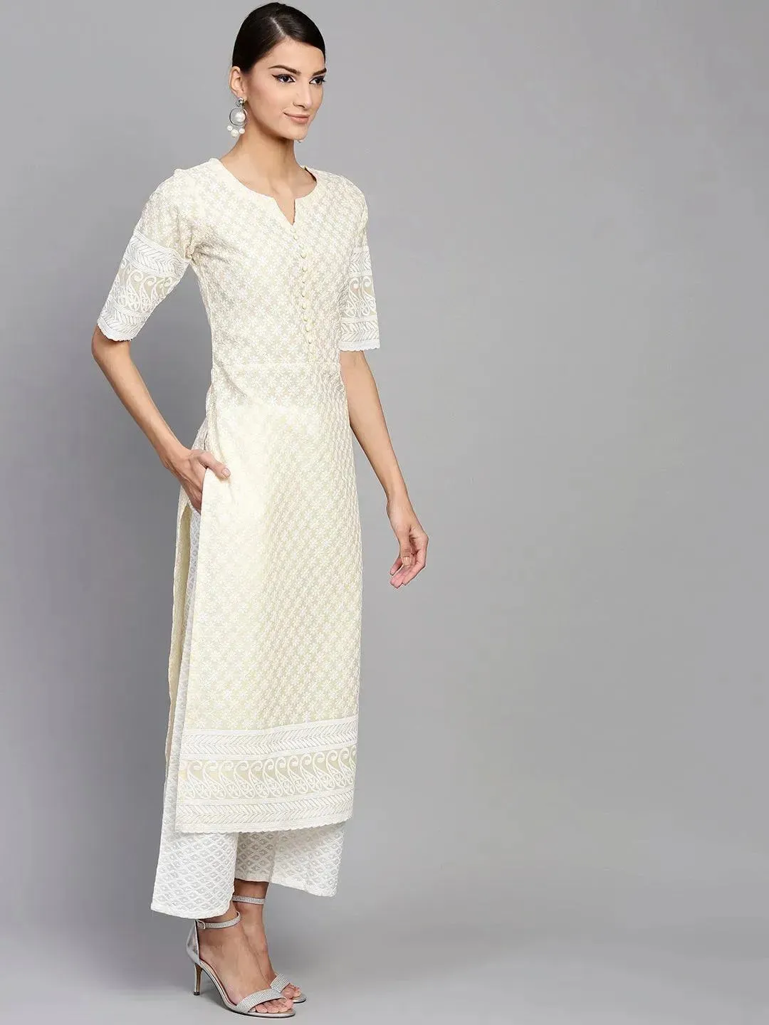 Yellow Schiffli Cotton Straight Kurta With Palazzos