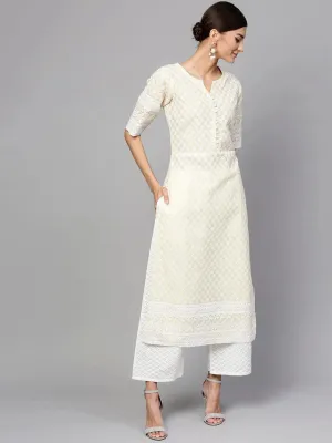 Yellow Schiffli Cotton Straight Kurta With Palazzos