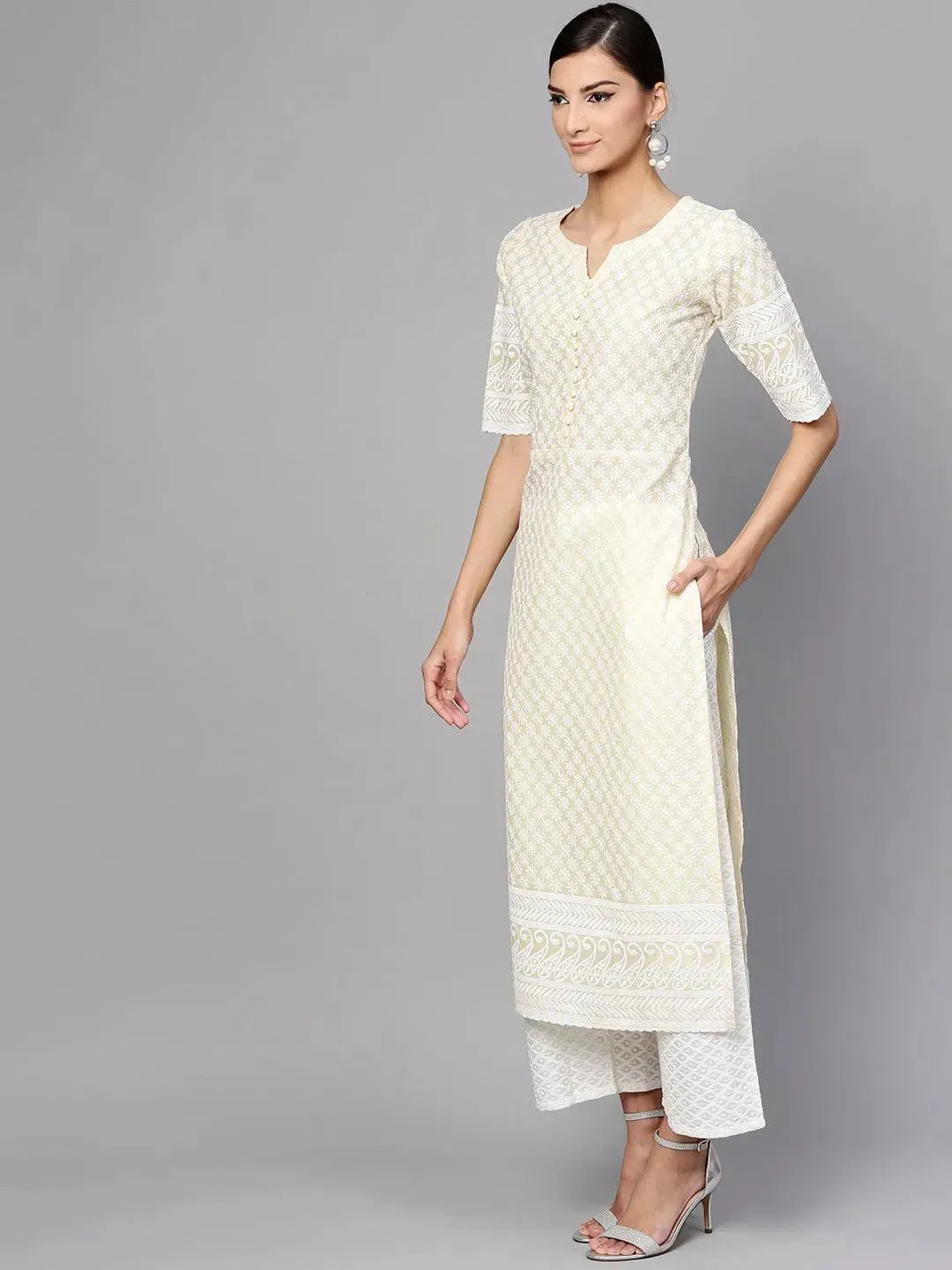 Yellow Schiffli Cotton Straight Kurta With Palazzos