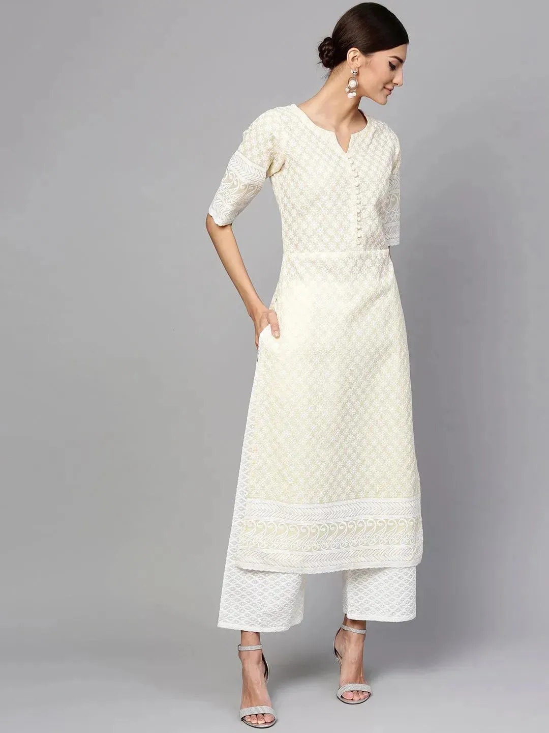 Yellow Schiffli Cotton Straight Kurta With Palazzos