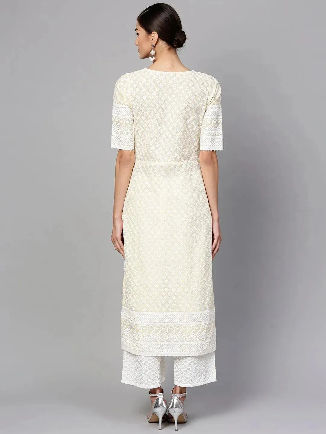Yellow Schiffli Cotton Straight Kurta With Palazzos