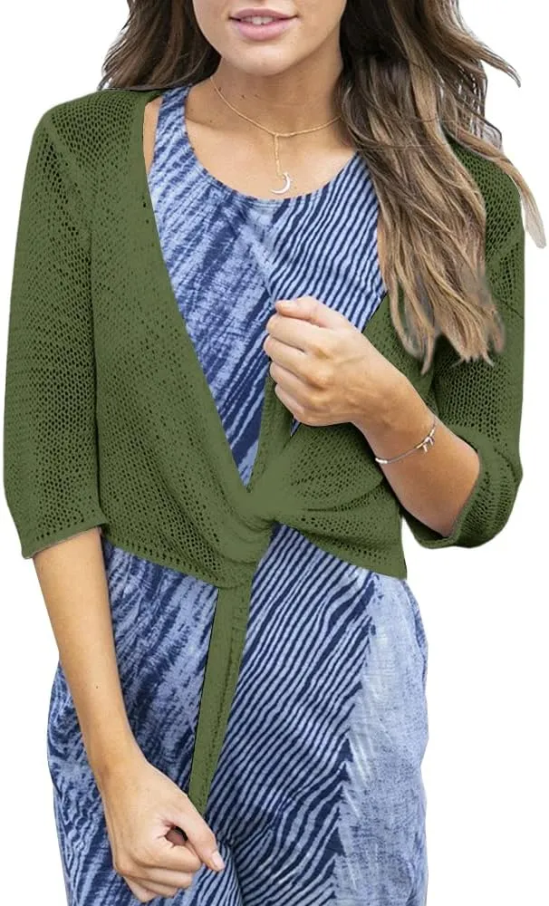 YeMgSiP Women's Tie Front Shrug 3/4 Sleeve Bolero Sheer Knotted Lightweight Cardigan Sweaters Short Shawl Tops