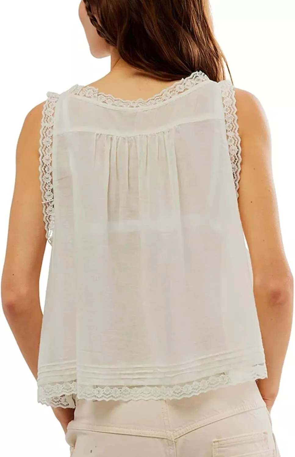 Yimoon Women Lace Trim Tank Tops Front Tie Button Front Crop Vest Y2K Going Out Tops Cute Summer Cami Sleeveless Shirt