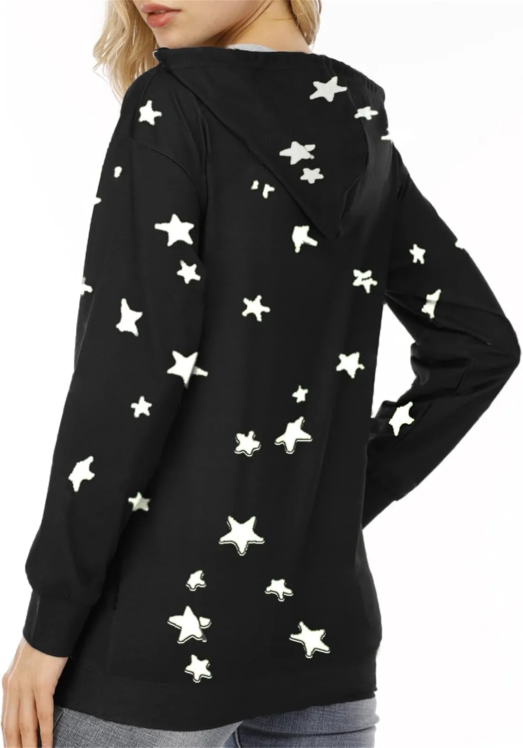 YMING Womens Casual Star Print Hoodies Long Sleeve Hooded Pullover Drawstring Side Split Tunic Tops Plus Size