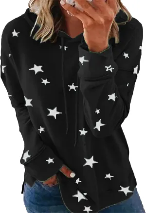 YMING Womens Casual Star Print Hoodies Long Sleeve Hooded Pullover Drawstring Side Split Tunic Tops Plus Size