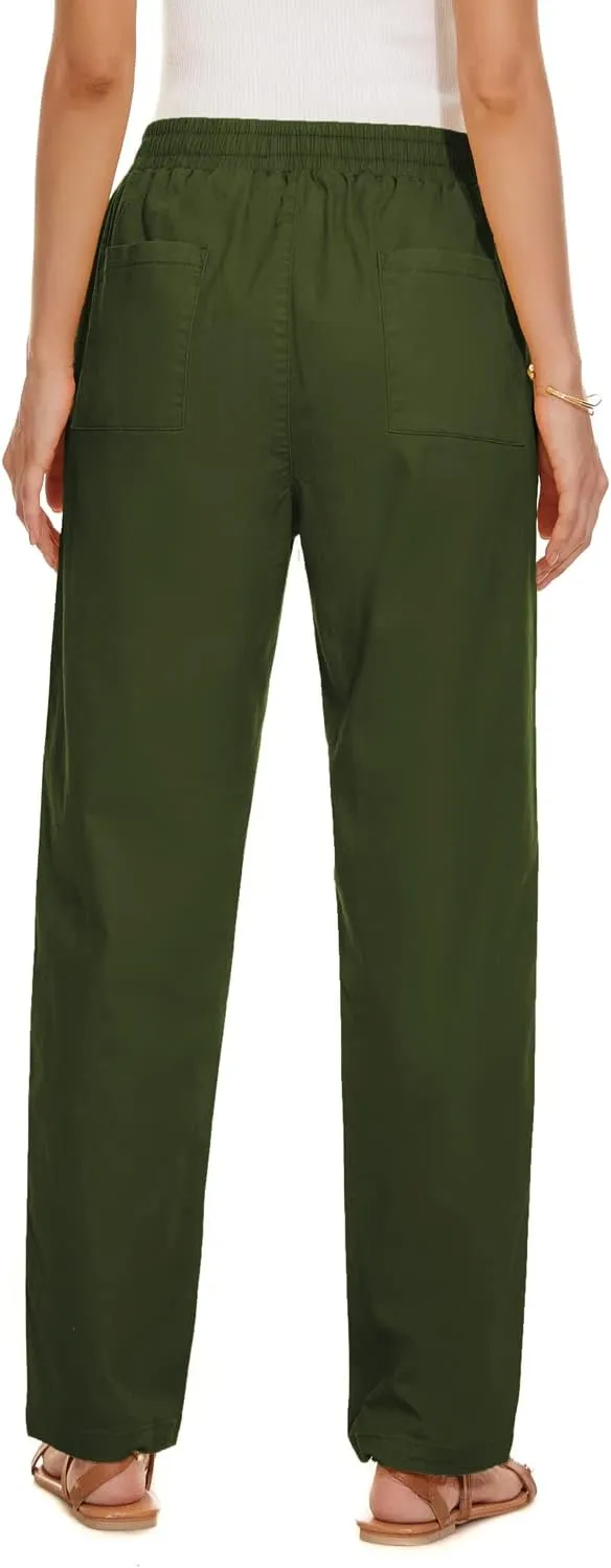 YOCUR Womens Casual Elastic High Waisted Work Pants Cotton Straight Leg Drawstring Trousers