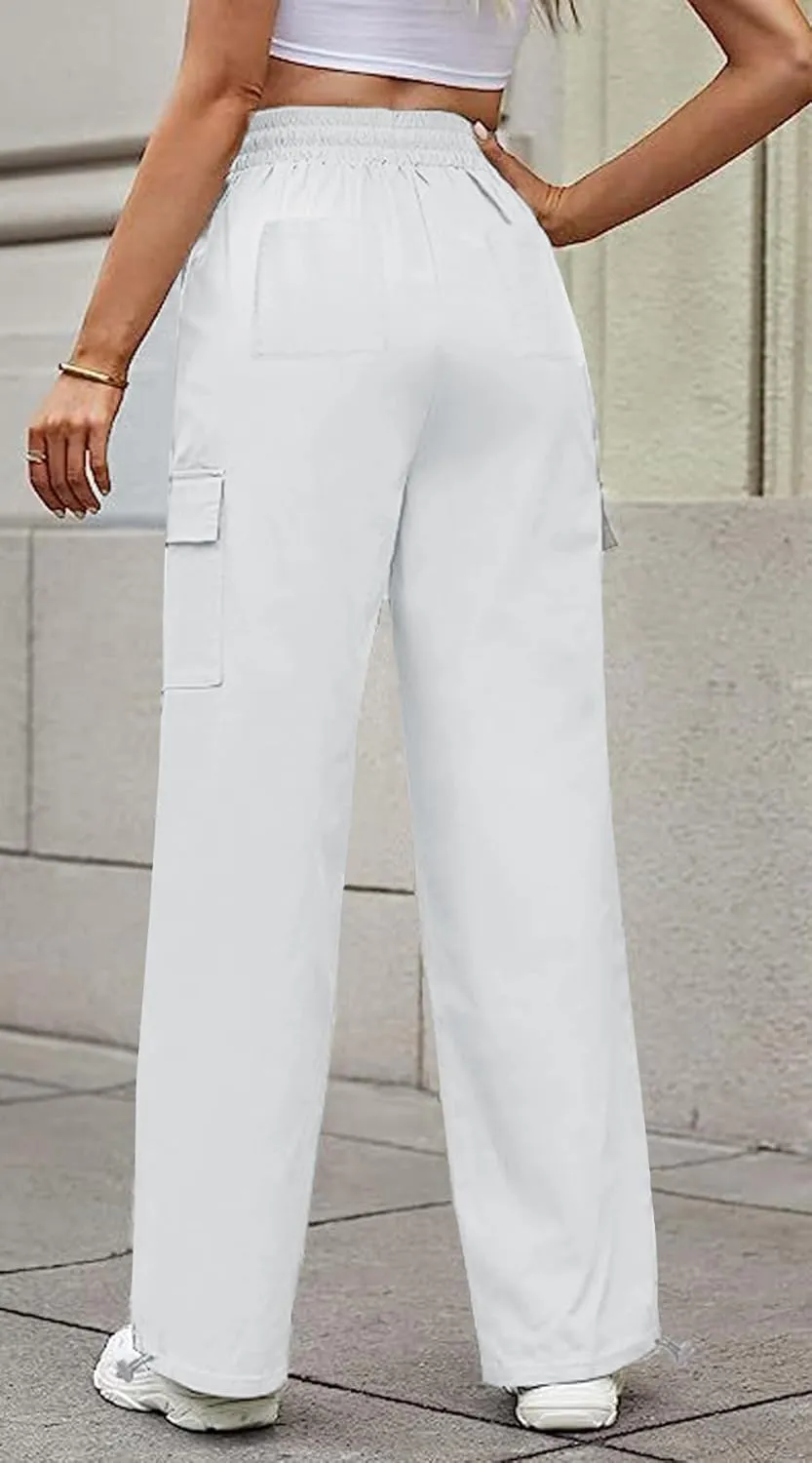 YOCUR Womens Casual Elastic High Waisted Work Pants Cotton Straight Leg Drawstring Trousers