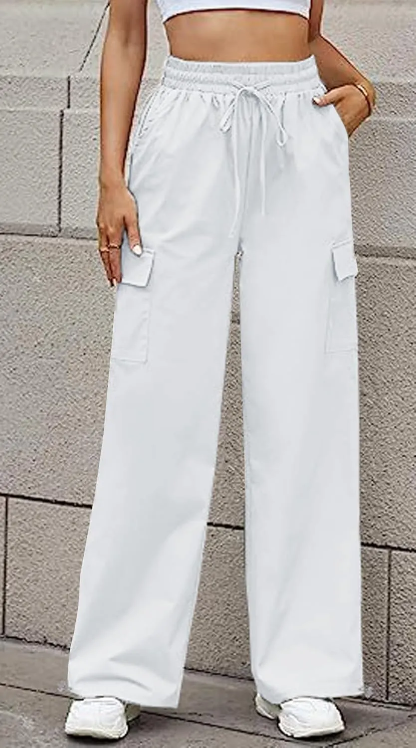 YOCUR Womens Casual Elastic High Waisted Work Pants Cotton Straight Leg Drawstring Trousers