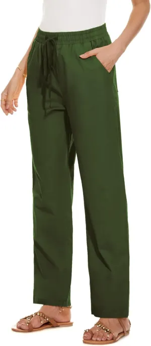 YOCUR Womens Casual Elastic High Waisted Work Pants Cotton Straight Leg Drawstring Trousers