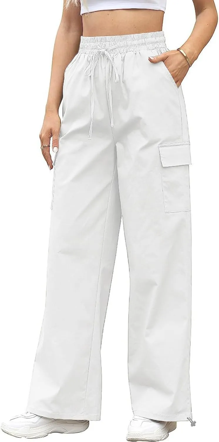 YOCUR Womens Casual Elastic High Waisted Work Pants Cotton Straight Leg Drawstring Trousers