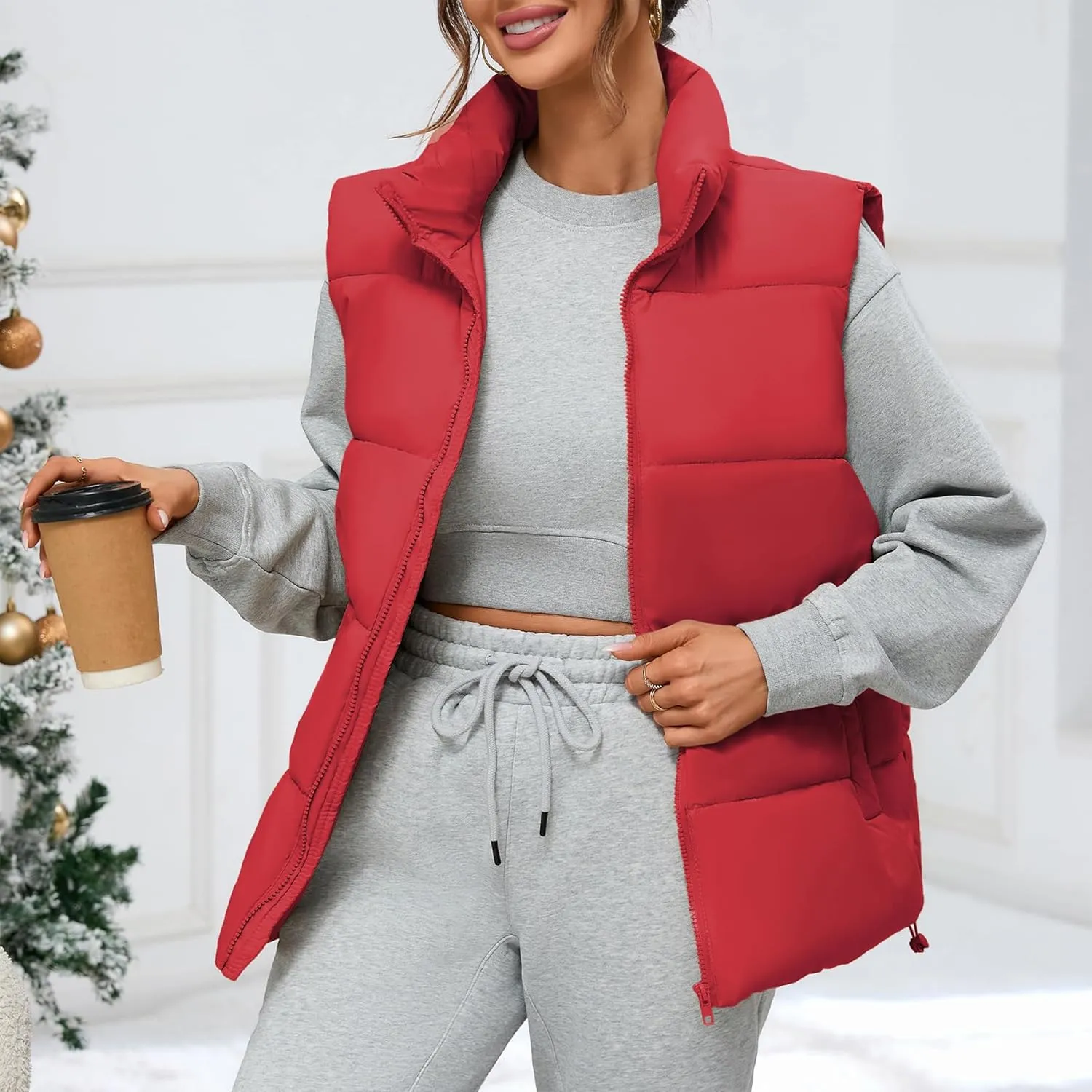 Zando Puffer Vest Women Outerwear Vests Sleeveless Stand Collar Oversized Zip Up Padded Puffy Winter Gilet Jacket Coat