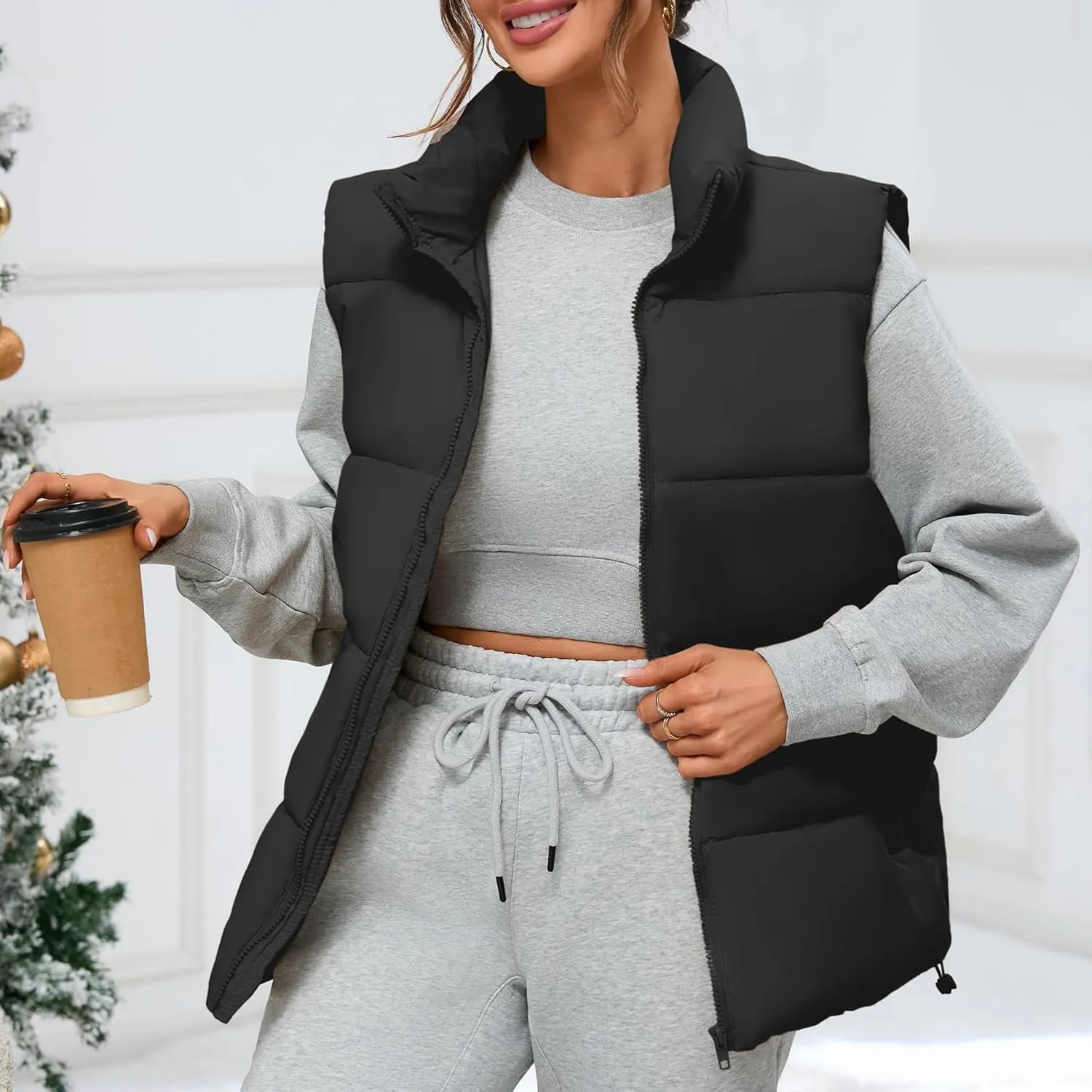 Zando Puffer Vest Women Outerwear Vests Sleeveless Stand Collar Oversized Zip Up Padded Puffy Winter Gilet Jacket Coat