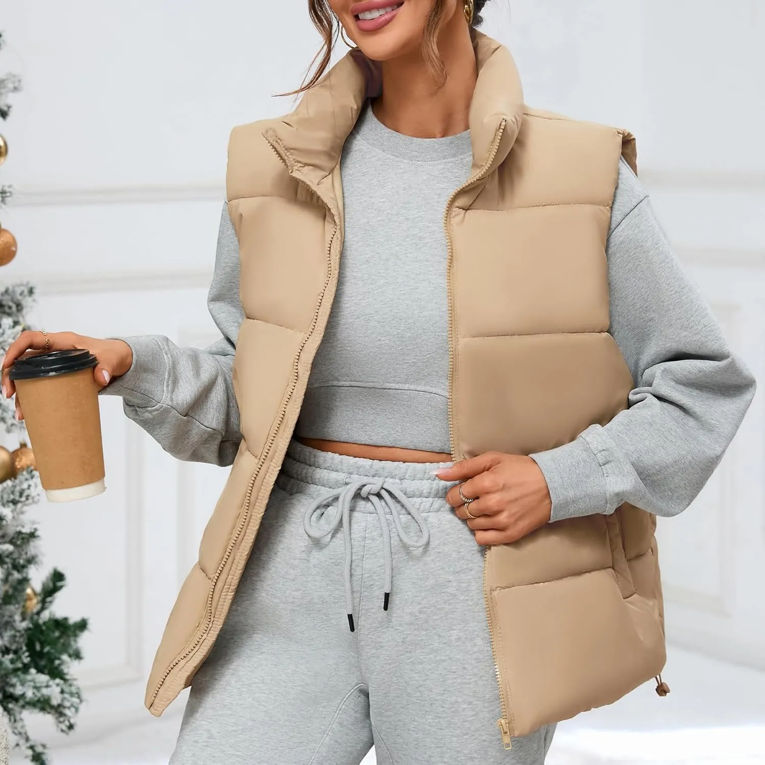 Zando Puffer Vest Women Outerwear Vests Sleeveless Stand Collar Oversized Zip Up Padded Puffy Winter Gilet Jacket Coat