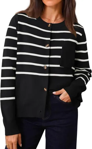 ZESICA Women's Striped Cardigan Sweaters Fall Long Sleeve Open Front Button Down Knit Outerwear Coat Trendy Clothes