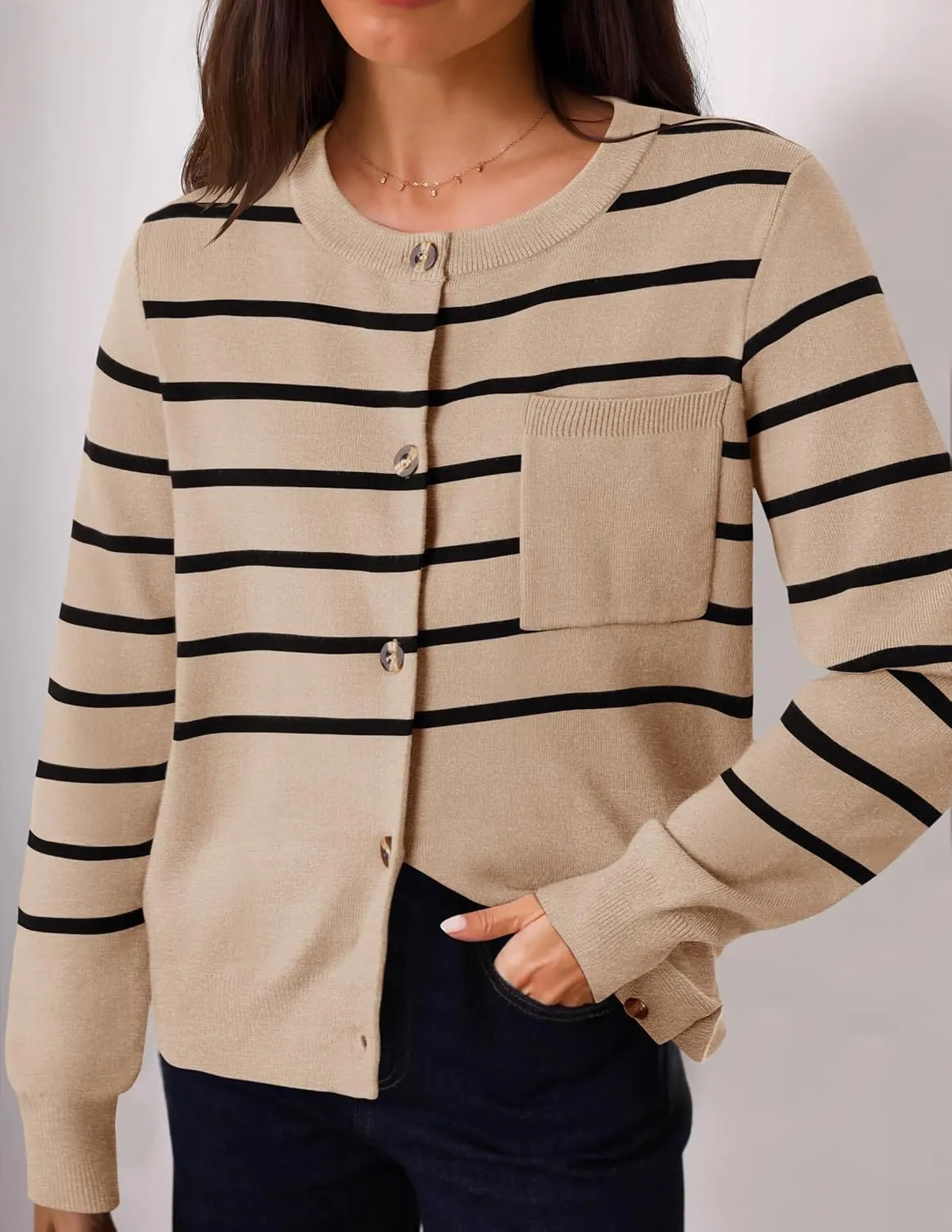ZESICA Women's Striped Cardigan Sweaters Fall Long Sleeve Open Front Button Down Knit Outerwear Coat Trendy Clothes